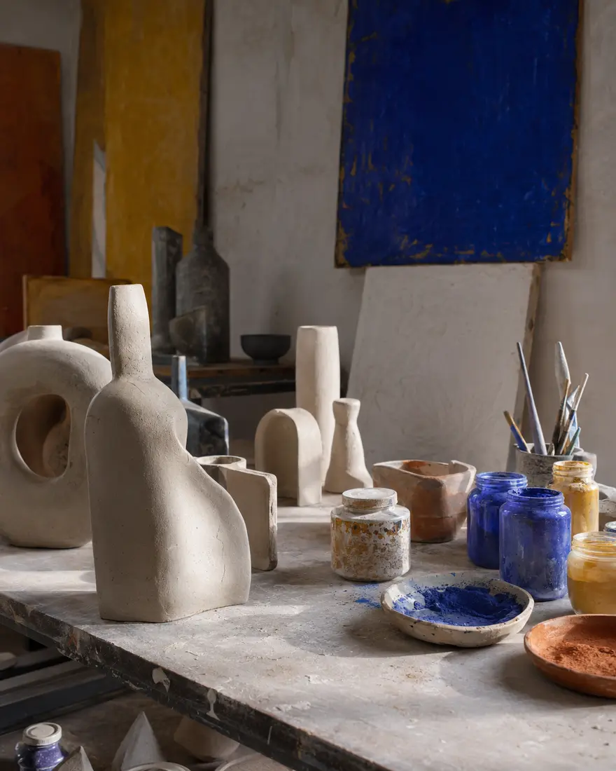 Ceramics, pigments and working materials in an artist's studio