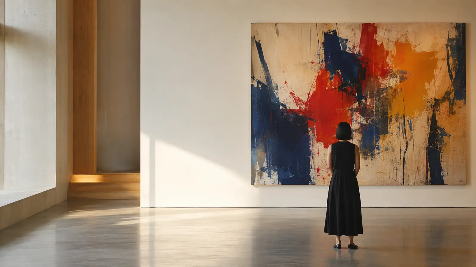 Visiteuse devant une œuvre abstraite dans un musée